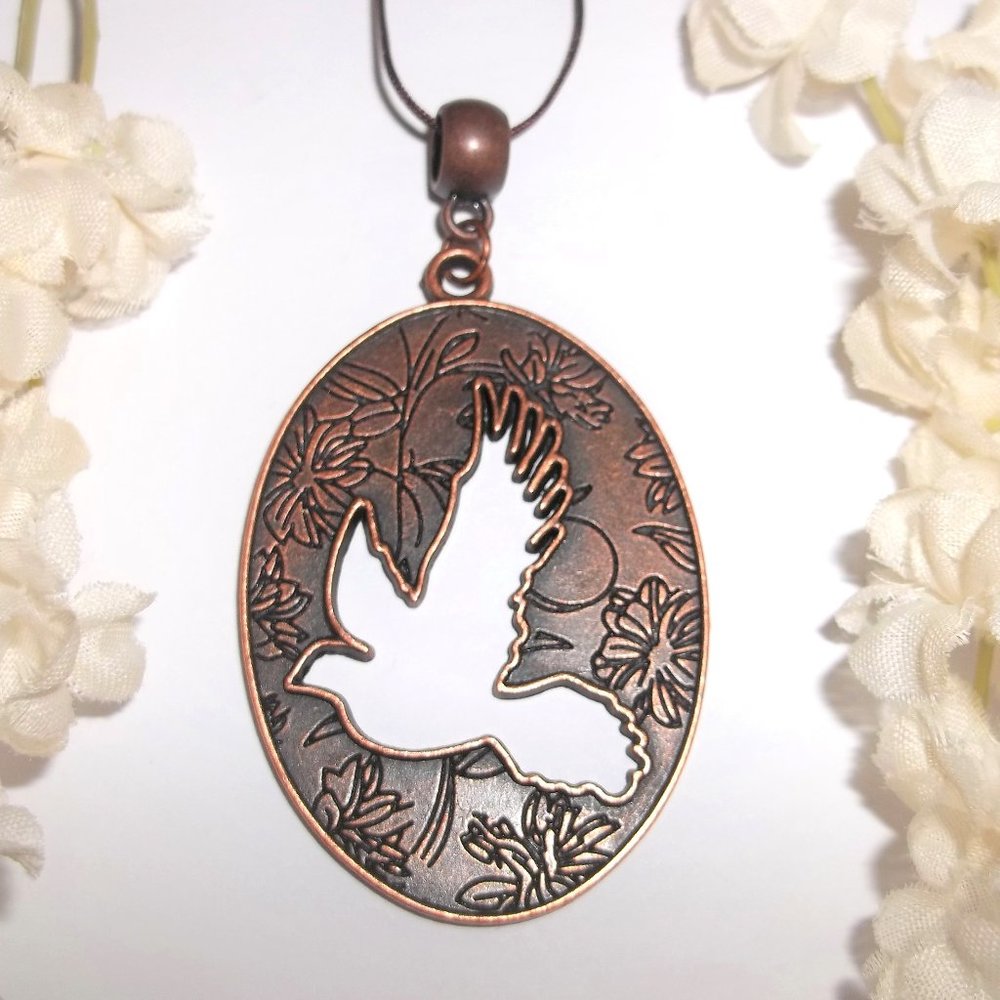 Copper Statement Necklace Bird Flower Floral Pendant Charm Boho Jewelry NWT 7364